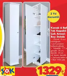 KONAK 6 RAFLI TEK KAPAKLI ÇOK AMAÇLI BOY DOLABI